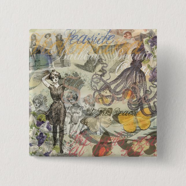 Chapa Cuadrada Octopus Beach Antique Coastal Steampunk (Anverso)