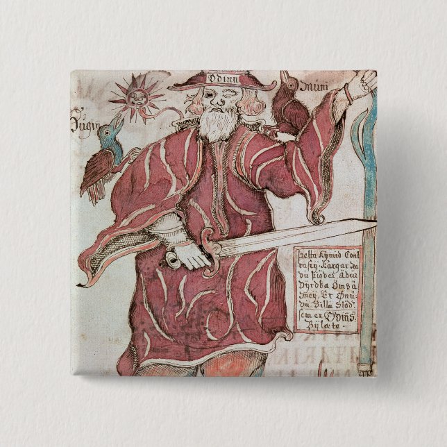 Chapa Cuadrada Odin, con sus dos cuervos, Hugin y Munin (Anverso)