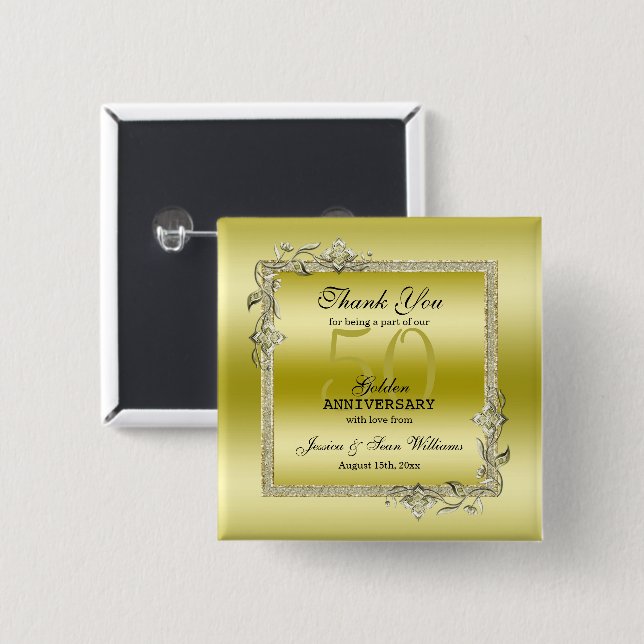 Chapa Cuadrada Oro Gem y Purpurina 50 Aniversario del Boda Dorado (Anverso y reverso)