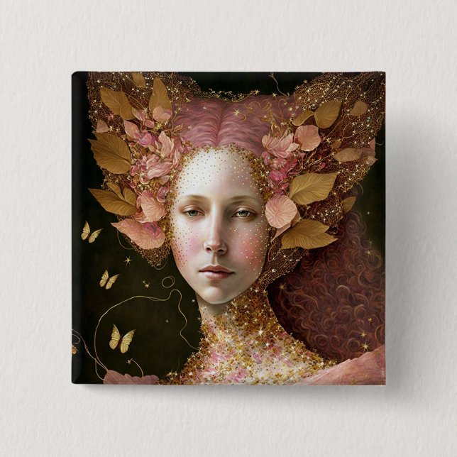 Chapa Cuadrada Oro Rosa Fae Fae Mujer Fantasía Arte (Anverso)