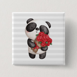 Chapa Cuadrada Oso de Panda con Rose Bouquet