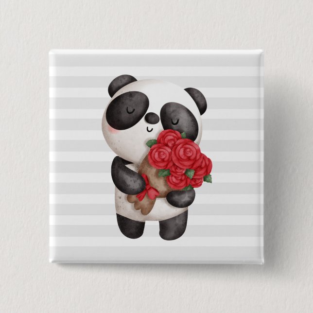 Chapa Cuadrada Oso de Panda con Rose Bouquet (Anverso)