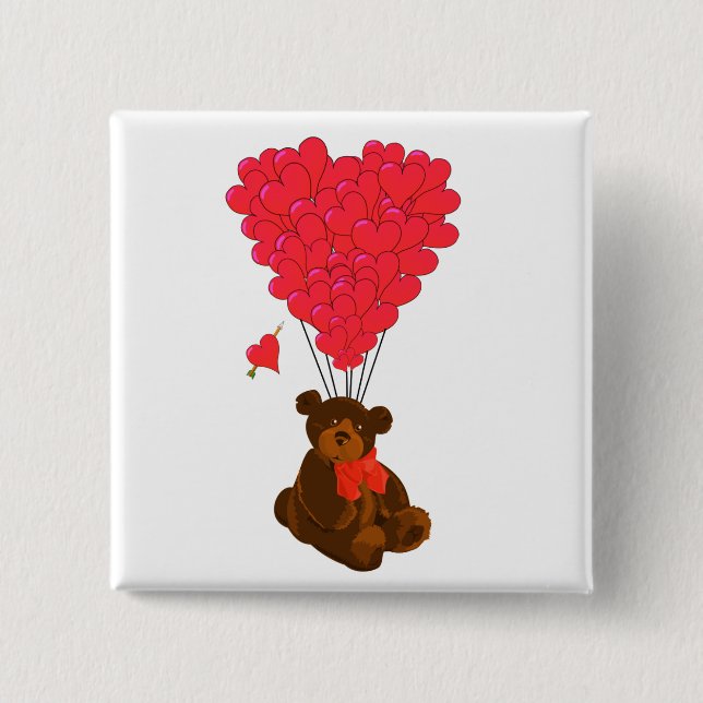 Chapa Cuadrada Oso de peluche y globos cardíacos (Anverso)