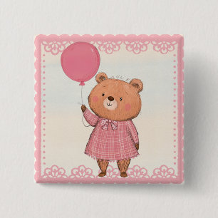 Chapa Cuadrada Oso de vestido rosado fresco con globo rosa