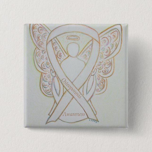 Chapa Cuadrada Osteoporosis Awareness Angel White Ribbon Art Pin (Anverso)