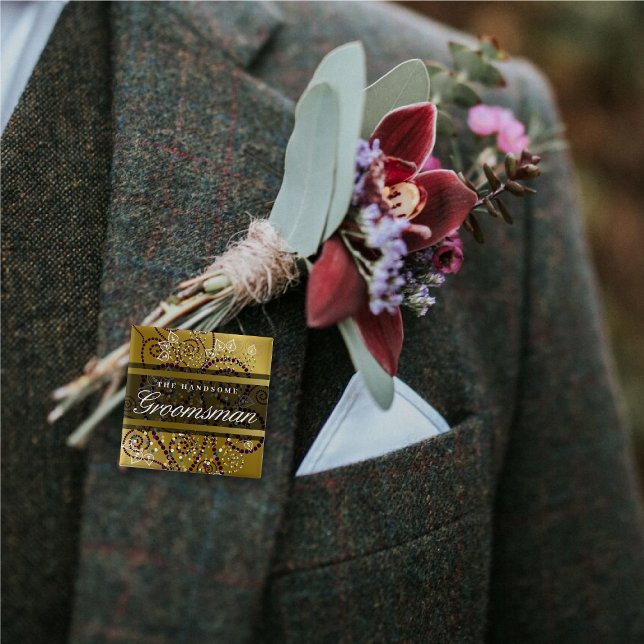 Chapa Cuadrada Padrino de boda Boho espirales púrpura dorado Botó (GROOMSMAN Boho Purple Spiral Dots Stylish Gold Wedding Party Pinback Button @ fat_fa_tin)