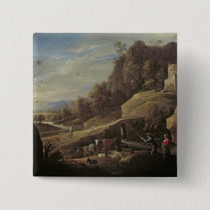 Chapa Cuadrada Paisaje con los granjeros que tienden sus animales