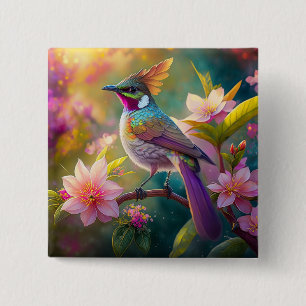 Chapa Cuadrada Pájaro de fantasía Jay Arcoíris con cresta naranja