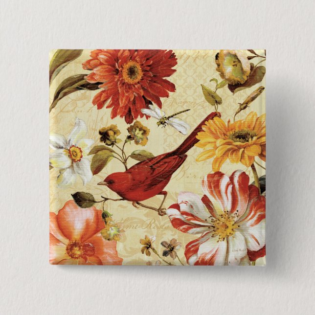 Chapa Cuadrada Pájaro rojo en un jardín de flores (Anverso)