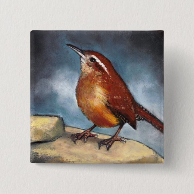 Chapa Cuadrada Pájaro: Wren de Carolina en pastel: Arte de la (Anverso)