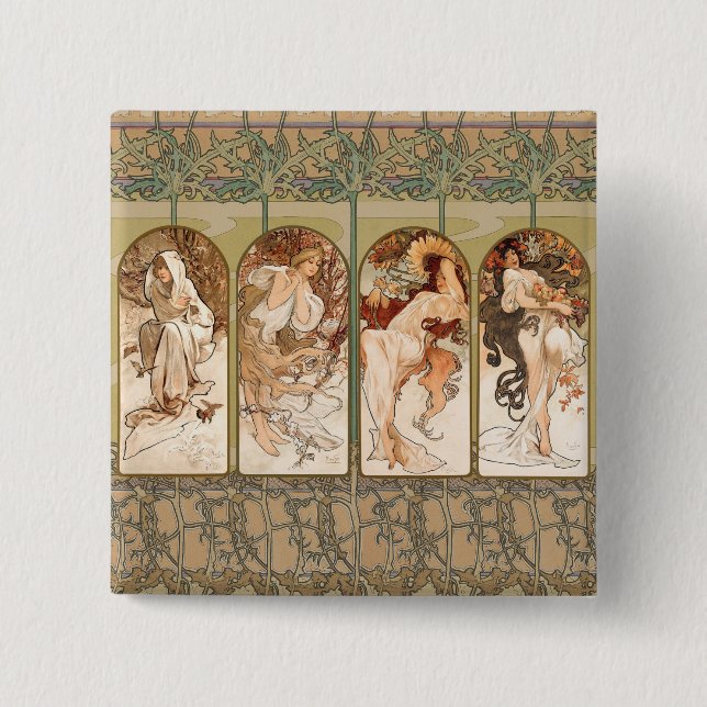 Chapa Cuadrada Panel de las Cuatro Estaciones de Alphonse Mucha,  (Anverso)