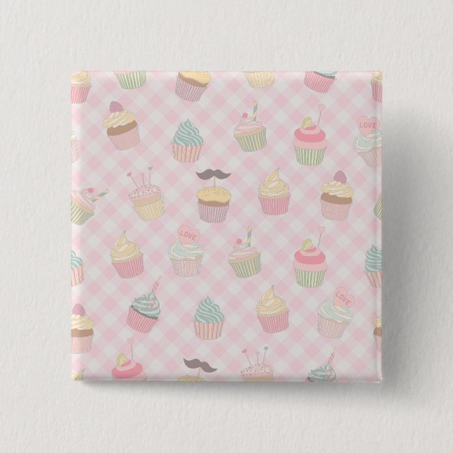Chapa Cuadrada Pastel Pink Gingham Cute Cupcakes Pattern (Anverso)