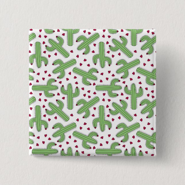 Chapa Cuadrada Patrón de cactus y flores rosas ilustradas (Anverso)