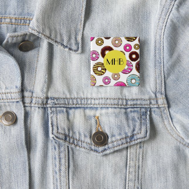 Chapa Cuadrada Patrón De Donuts, Donuts Coloridos, Monograma (In situ)