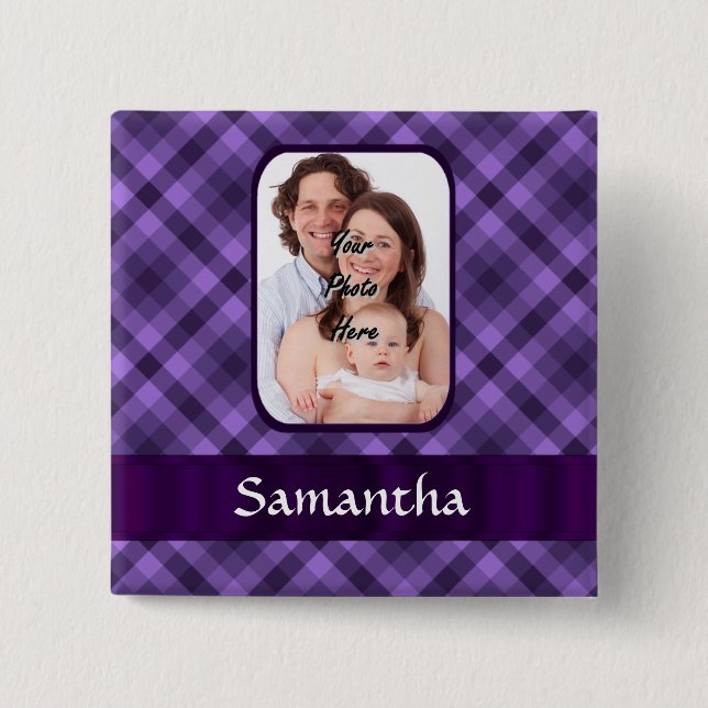 Chapa Cuadrada Patrón de gingham púrpura (Anverso)