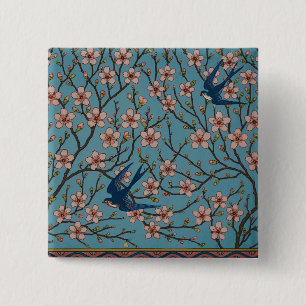 Chapa Cuadrada Patrón de Golondrina Floral Azul Retro por Walter 