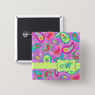 Chapa Cuadrada Patrón de paisley moderno verde magenta