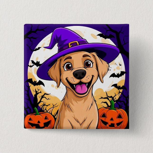 Chapa Cuadrada Perro Adorable con Sombrero de Bruja (Anverso)
