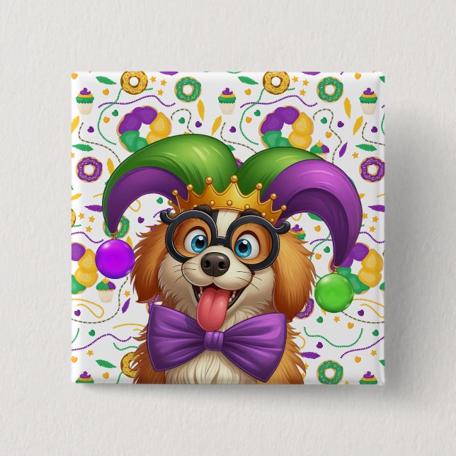 Chapa Cuadrada Perro cachorro lindo Mardi Gras en gorra de bufón (Anverso)
