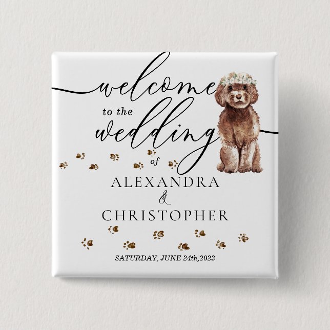 Chapa Cuadrada Perro de Cavapoo marrón bienvenido a la corbata bo (Anverso)