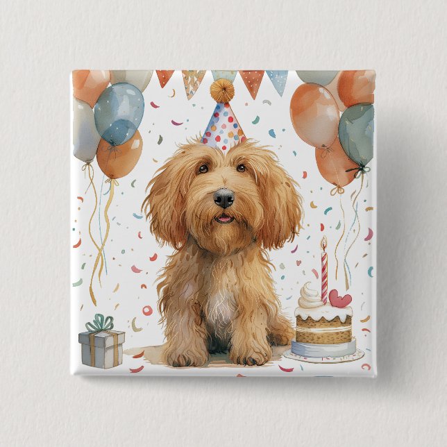 Chapa Cuadrada Perro Goldendoodle de cumpleaños (Anverso)