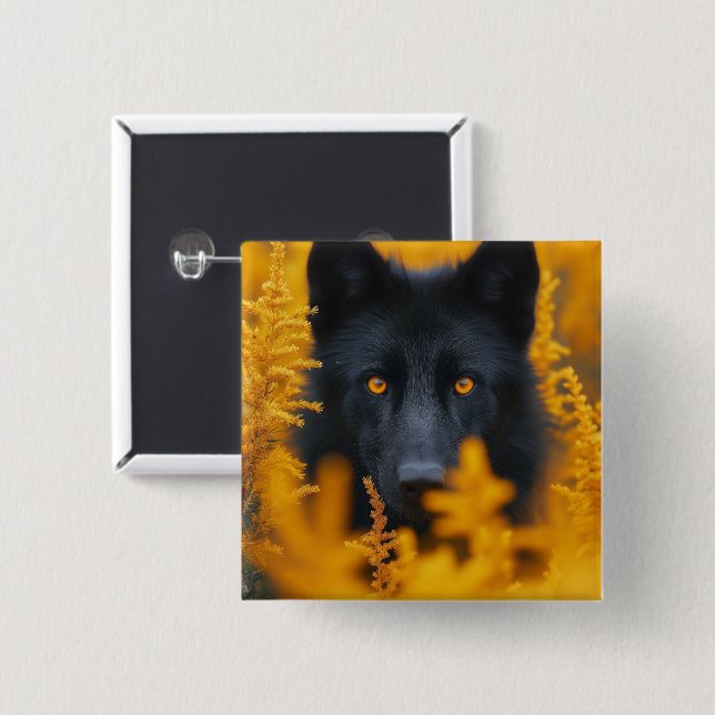 Chapa Cuadrada Perro negro con ojos de oro asombrosos (Anverso y reverso)