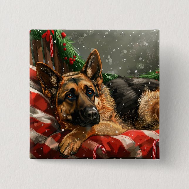 Chapa Cuadrada Perro pastor alemán festivo de Navidad (Anverso)