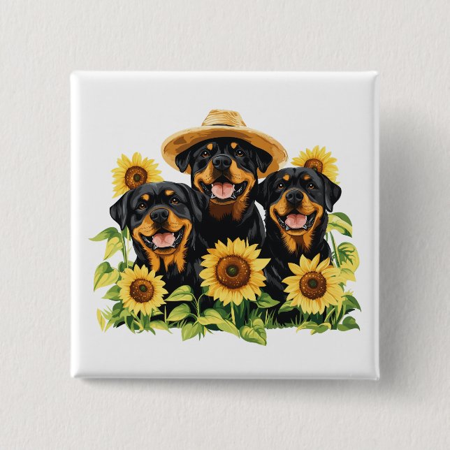 Chapa Cuadrada Perros Rottweiler Rodeados De Sunflowers (Anverso)