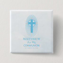 Chapa Cuadrada Personalice, Blue First Holy Communia Cross Host