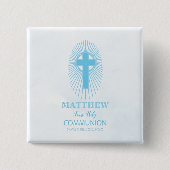Chapa Cuadrada Personalice, Blue First Holy Communia Cross Host (Anverso)