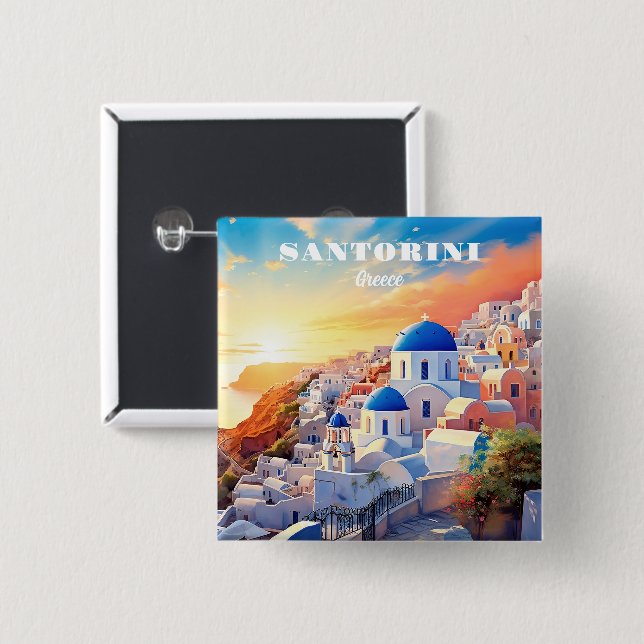 Chapa Cuadrada Personalizado Texto Santorini Grecia Atardecer (Anverso y reverso)