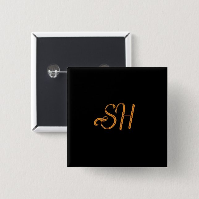 Chapa Cuadrada Personalizados de guiones dorados iniciales negro (Anverso y reverso)