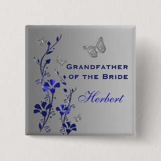 Chapa Cuadrada Pin abuelo floral azul y plateado mariposa