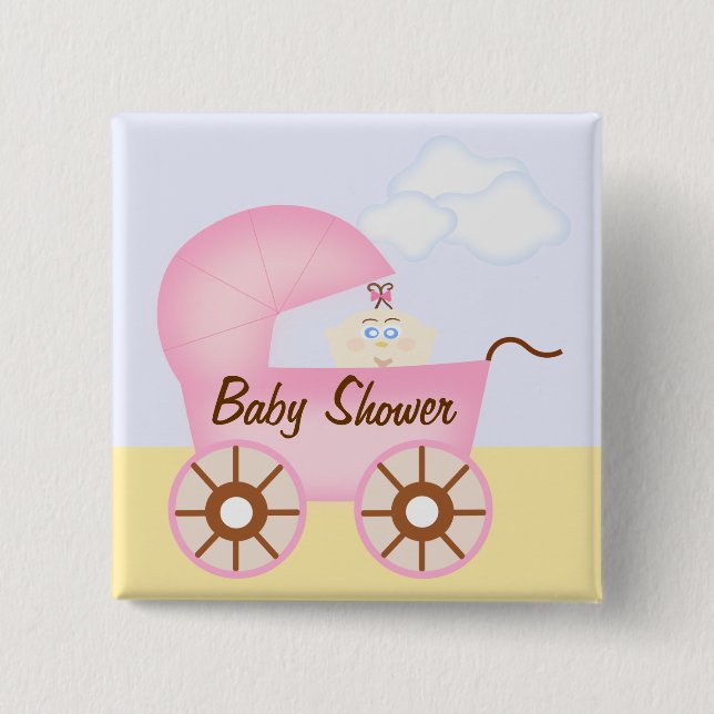 Chapa Cuadrada Pin Baby Shower Stroller rosa (Anverso)
