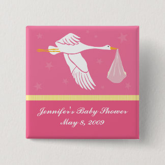 Chapa Cuadrada Pin de Baby Shower de la cigüeña - rosa