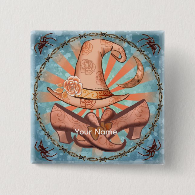 Chapa Cuadrada Pin de bruja con traje de bruja (Anverso)