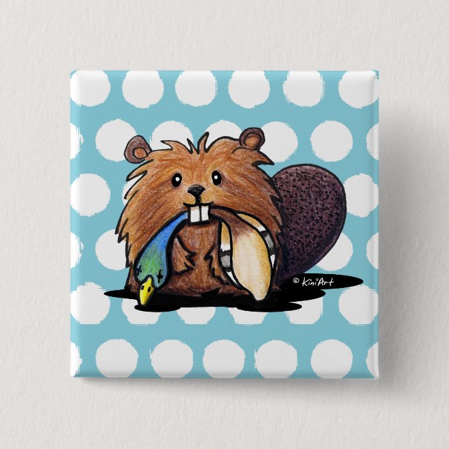 Chapa Cuadrada Pin de castor de KiniArt Cute (Anverso)
