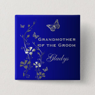 Chapa Cuadrada Pin de la abuela floral azul y plateado mariposa