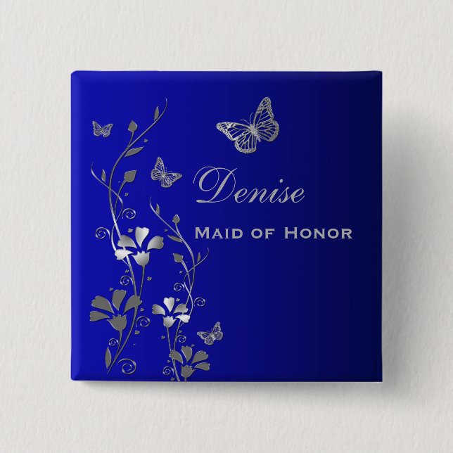 Chapa Cuadrada Pin floral de mariposa azul y plata (Anverso)