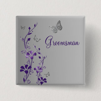 Chapa Cuadrada Pin morado y plateado mariposa floral Groomsman
