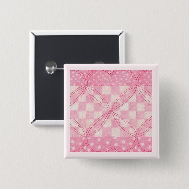 Chapa Cuadrada PINK HEART QUILT Square Pin Button / Pink (Anverso y reverso)