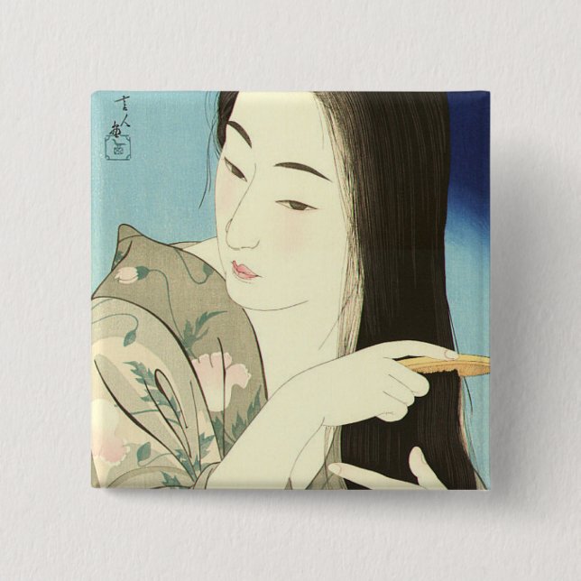 Chapa Cuadrada Pintando su pelo (bella mujer asiática) (Kotondo) (Anverso)