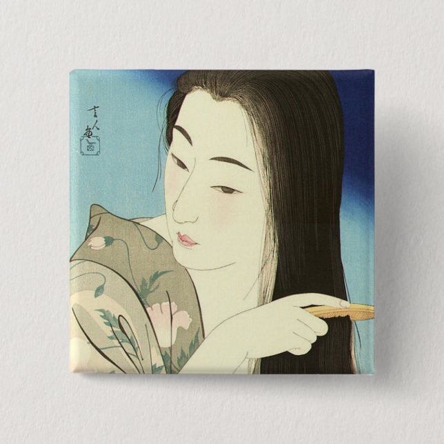 Chapa Cuadrada Pintando su pelo (bella mujer asiática) (Kotondo) (Anverso)