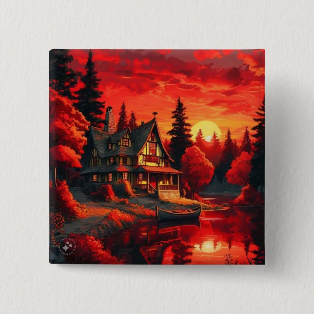 Chapa Cuadrada Pintura de atardecer con cabaña y lago-66633 (Anverso)