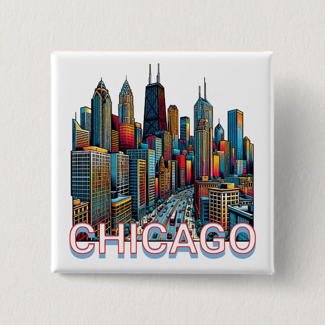 Chapa Cuadrada Pop art Comic Book Chicago, Illinois Skyline (Anverso)