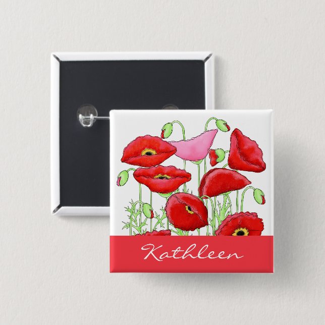 Chapa Cuadrada Poppies rojos Art Custom Name Badge (Anverso y reverso)