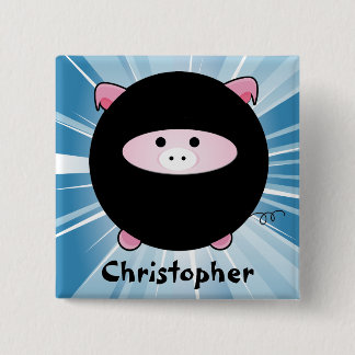 Chapa Cuadrada Porcino Ninja personalizado en azul