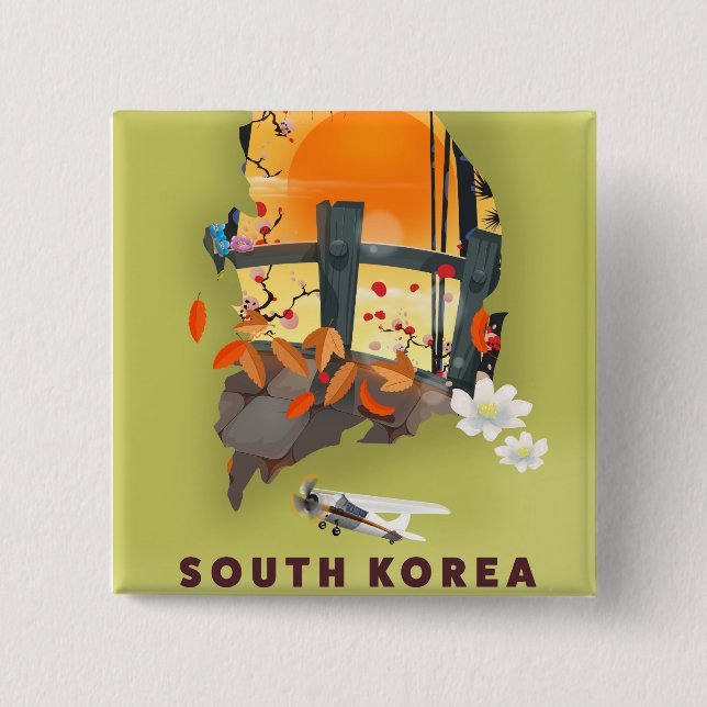 Chapa Cuadrada Poster de mapas ilustrado de Corea del Sur (Anverso)
