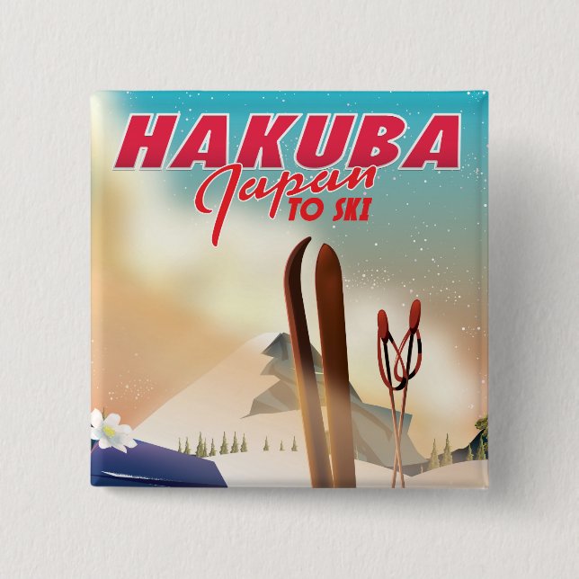 Chapa Cuadrada Póster de viaje japonés de Hakuba. (Anverso)