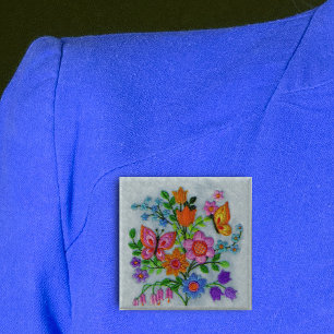 Chapa Cuadrada Primavera Bouquet Flores Mariposas